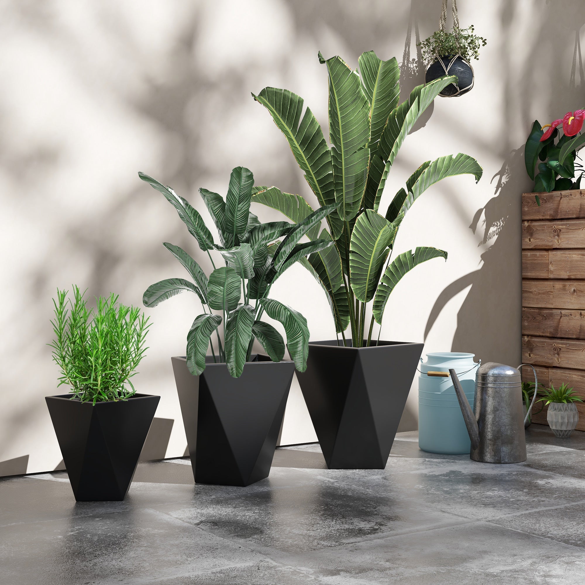 Outsunny Set of 3 Tall Planters, 18', 15.25', 11.75', MgO Indoor Outdoor Planters with Drainage Holes, Stackable Flower Pots for Garden, Patio, Balcony, Front Door, Black