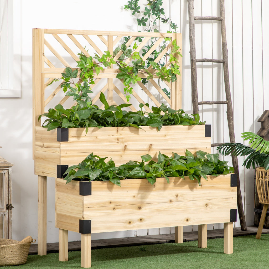 Outsunny Raised Garden Bed with Trellis, 2 Tier Wooden Elevated Planter Box with Legs and Metal Corners for Vegetables, Flowers, Herbs, Natural