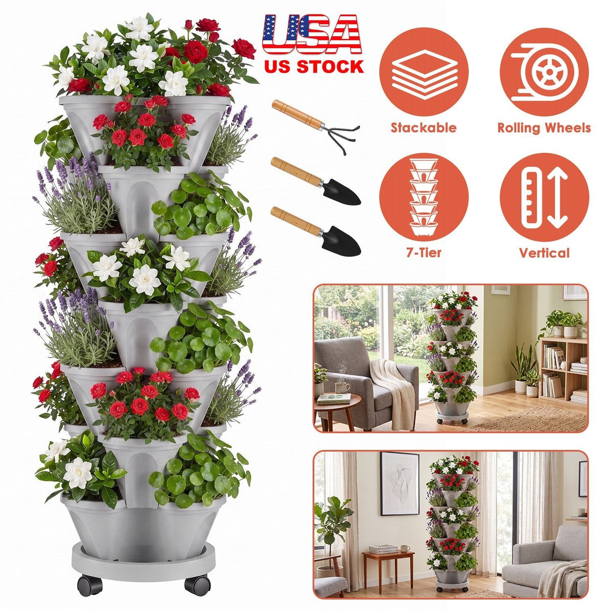 7-Tier Stackable Vertical Planter with Wheels and Drainage