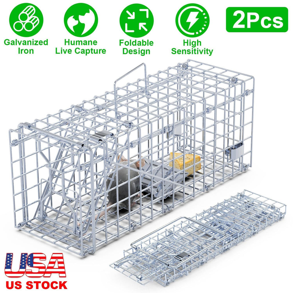 2Pcs Foldable Rat Trap Cage Humane Live Rodent Trap Cage Galvanized Iron Mice Mouse Control Bait Catch with Detachable L Shaped Rod For Kitchen Garden