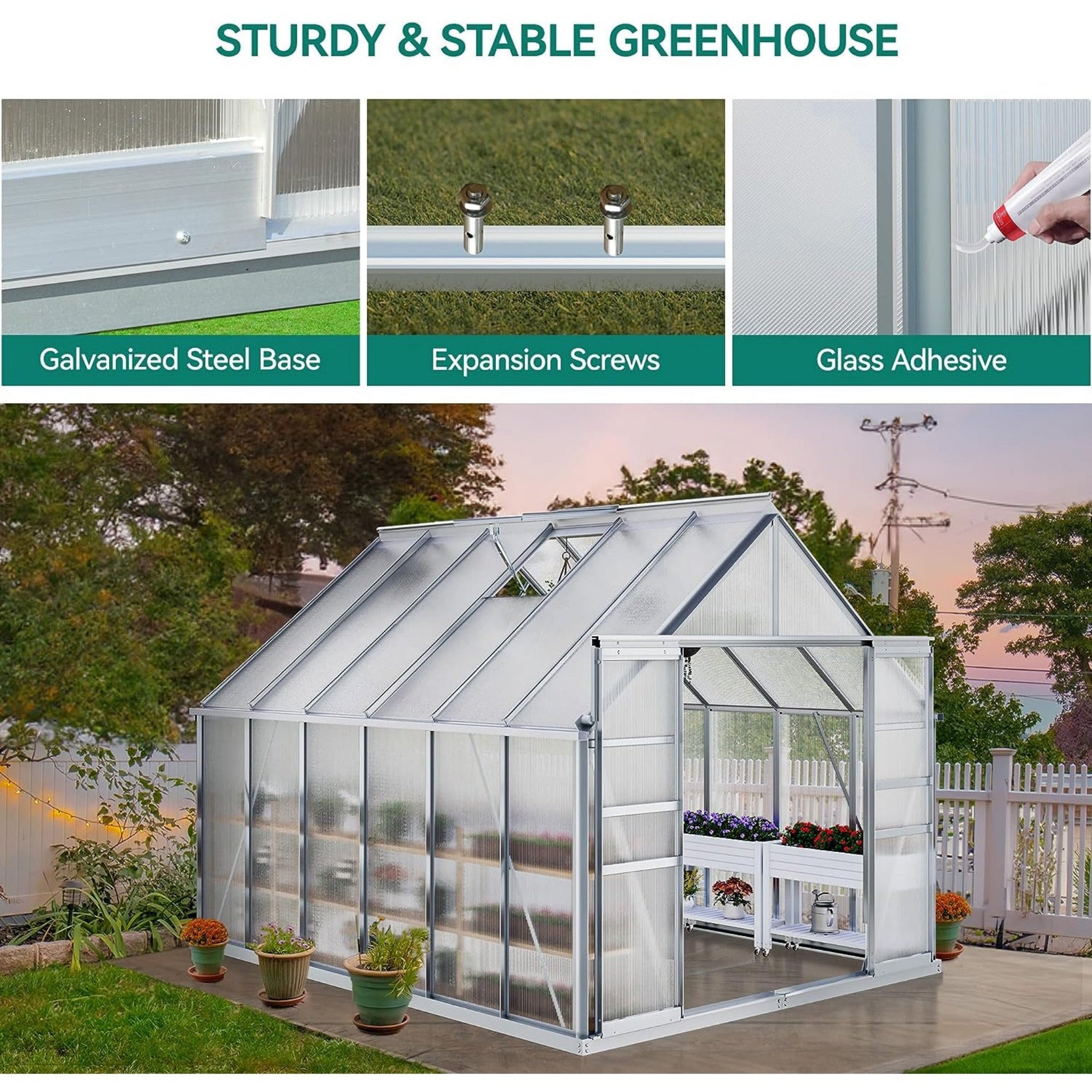 [10X12FT] Extra Large Heavy-Duty Polycarbonate Aluminum Greenhouse With Sliding Doors And Vents (SAK74183)