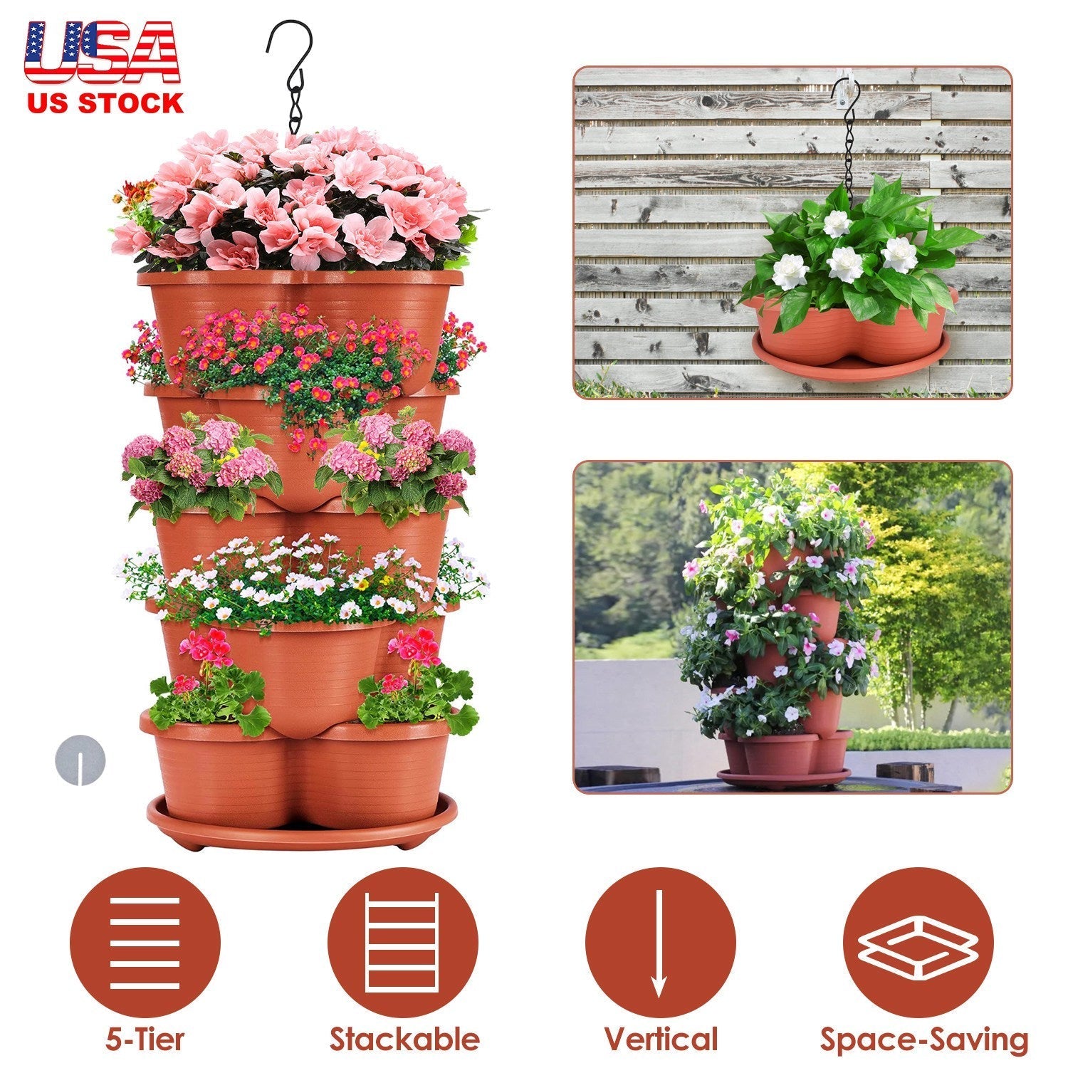 5 Tier Vertical Stackable Planter Garden Tower Stackable PlanterÊOutdoor Gardening Pots for Strawberries Flowers Herbs Vegetables