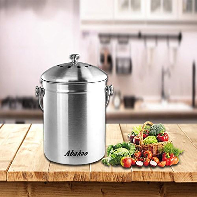 Stainless Steel Compost Bin - 1.3 Gallon Premium Grade 304 Stainless Steel Kitchen Composter - Includes 4 Charcoal Filter, Indoor Countertop Kitchen Recycling Bin Pail