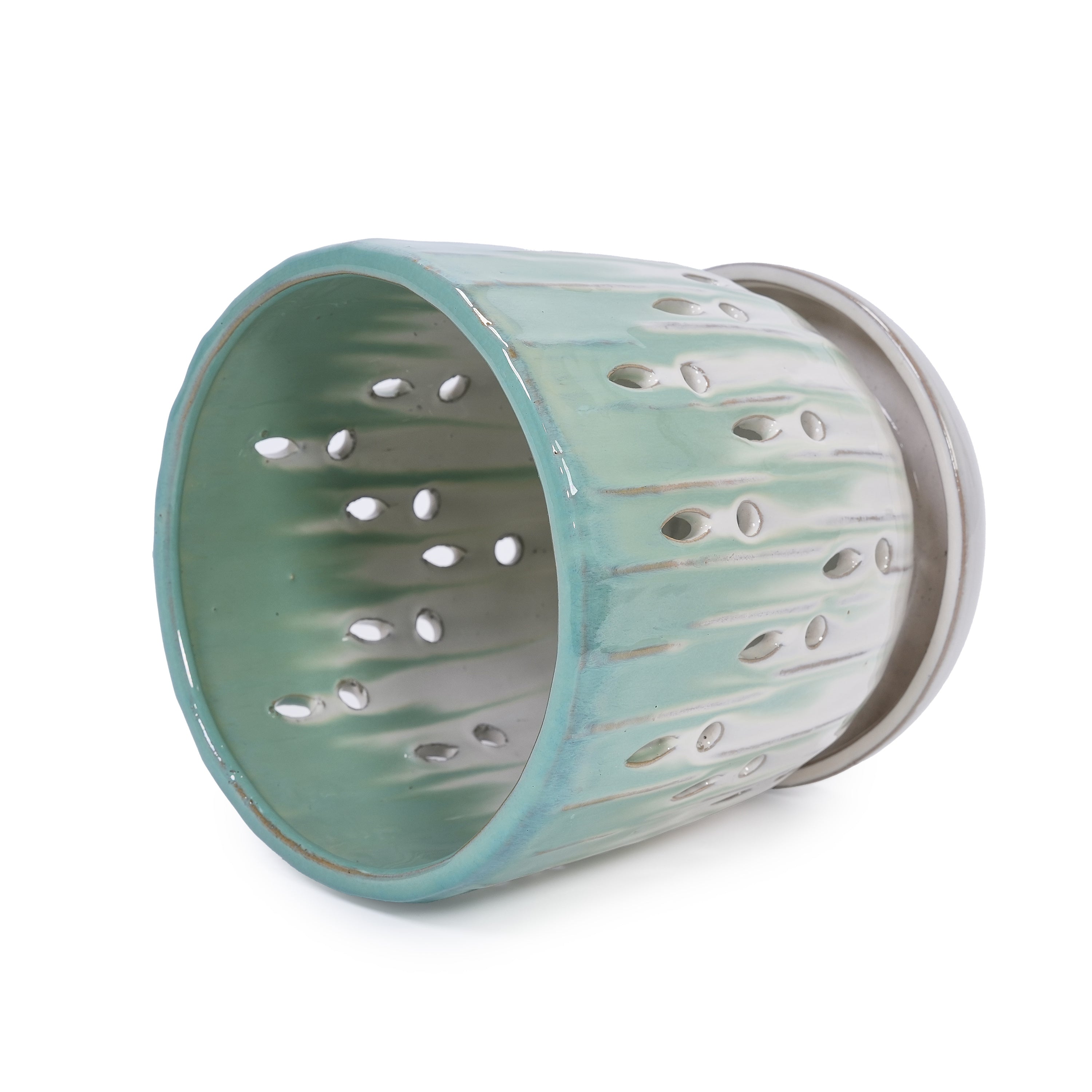 Set of 2 Ceramic Flowerpot with Drainage Hole, 8' Modern Planter for Patio, Garden, Windowsill - White Green