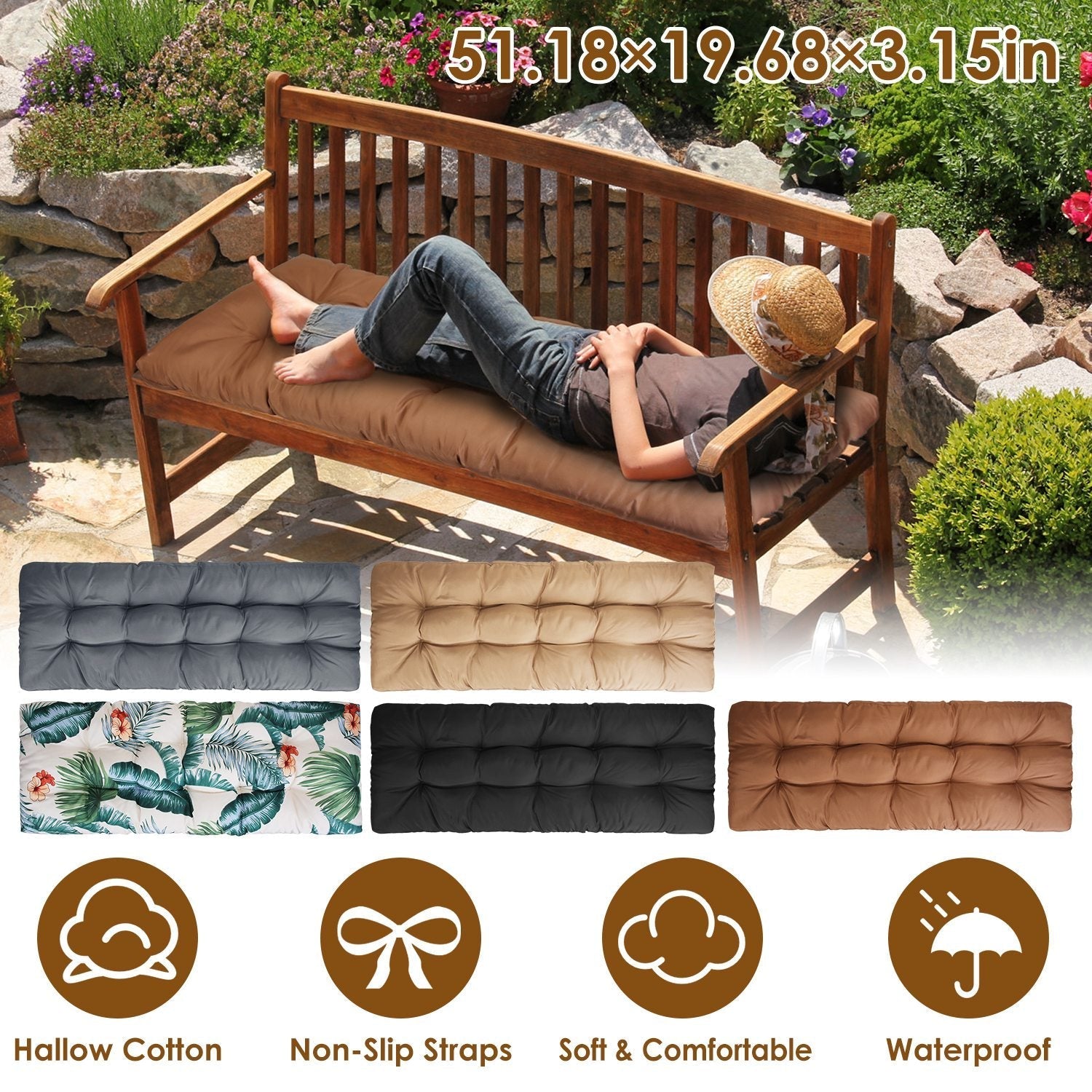 Bench Seat Cushion For Indoor Outdoor Furniture Non Slip Long Chair Cushion with Ties Strap Waterproof Swing Cushion 51.18x19.68IN For Garden Patio Ba