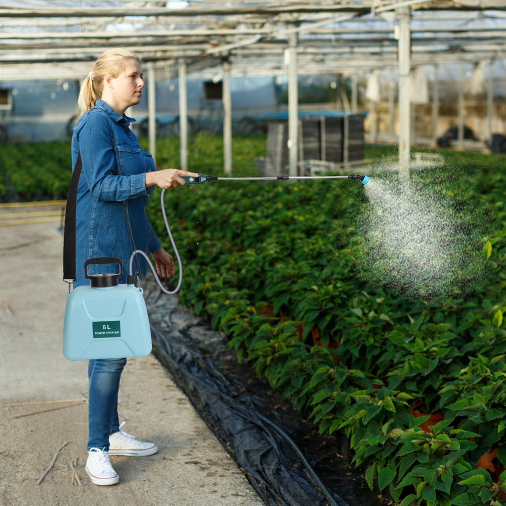 5L/1.32Gallon Battery Operated Water Sprayer Portable Garden Sprayer Electric Sprayer with Rechargeable Handle Telescopic Wand 3 Spray Nozzles Shoulde