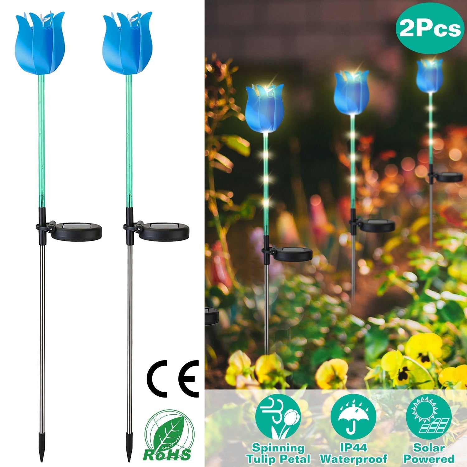 2Pcs Solar Powered Tulip Garden Light Wind Mill Waterproof Landscape Stake Lamp Decorative Lawn Lights For Yard Driveway Walkway Patio