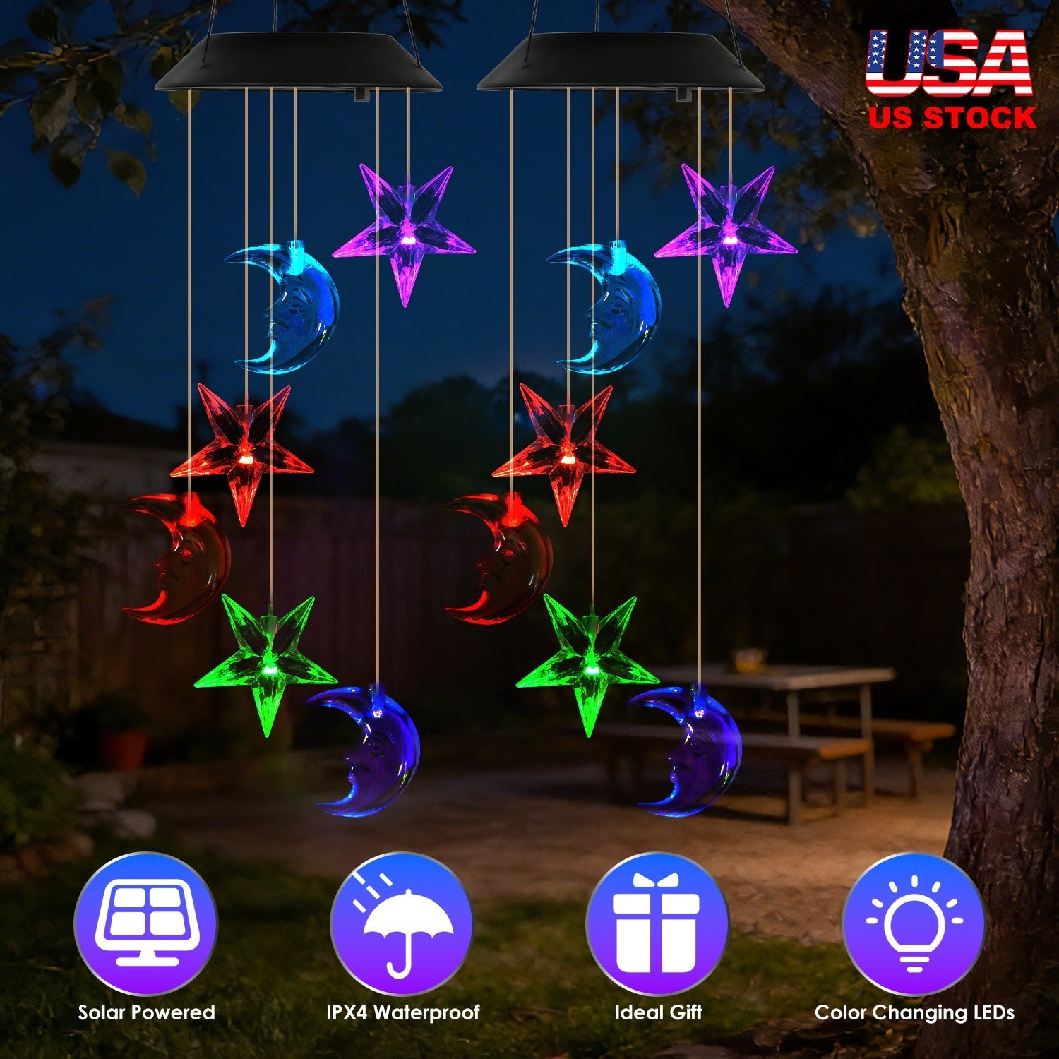 Solar Moon and Star Wind Chime 7 Color Changing Wind Chime for Outside IPX4 Waterproof Outdoor Garden Yard Decor