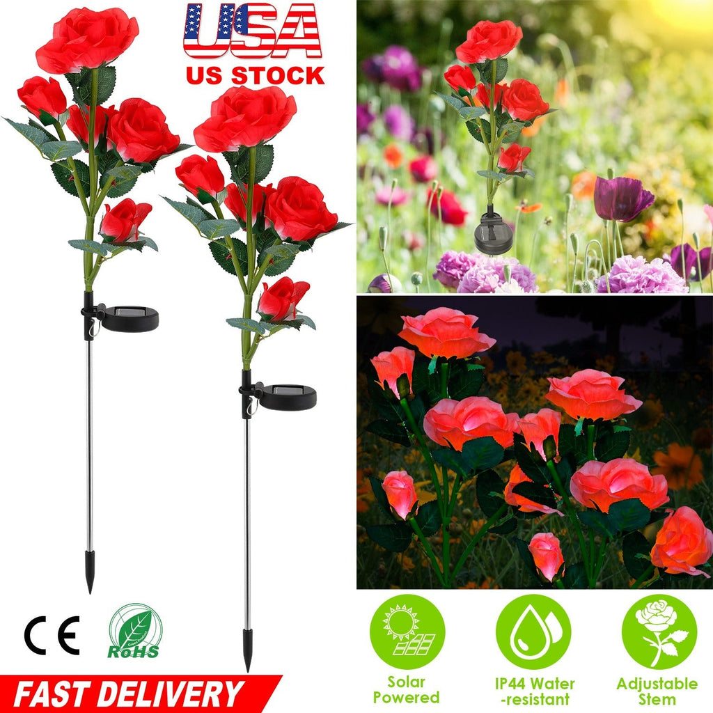 2Pcs Solar Powered Lights Outdoor Rose Flower LED Decorative Lamp Water Resistant Pathway Stake Lights For Garden Patio Yard Walkway