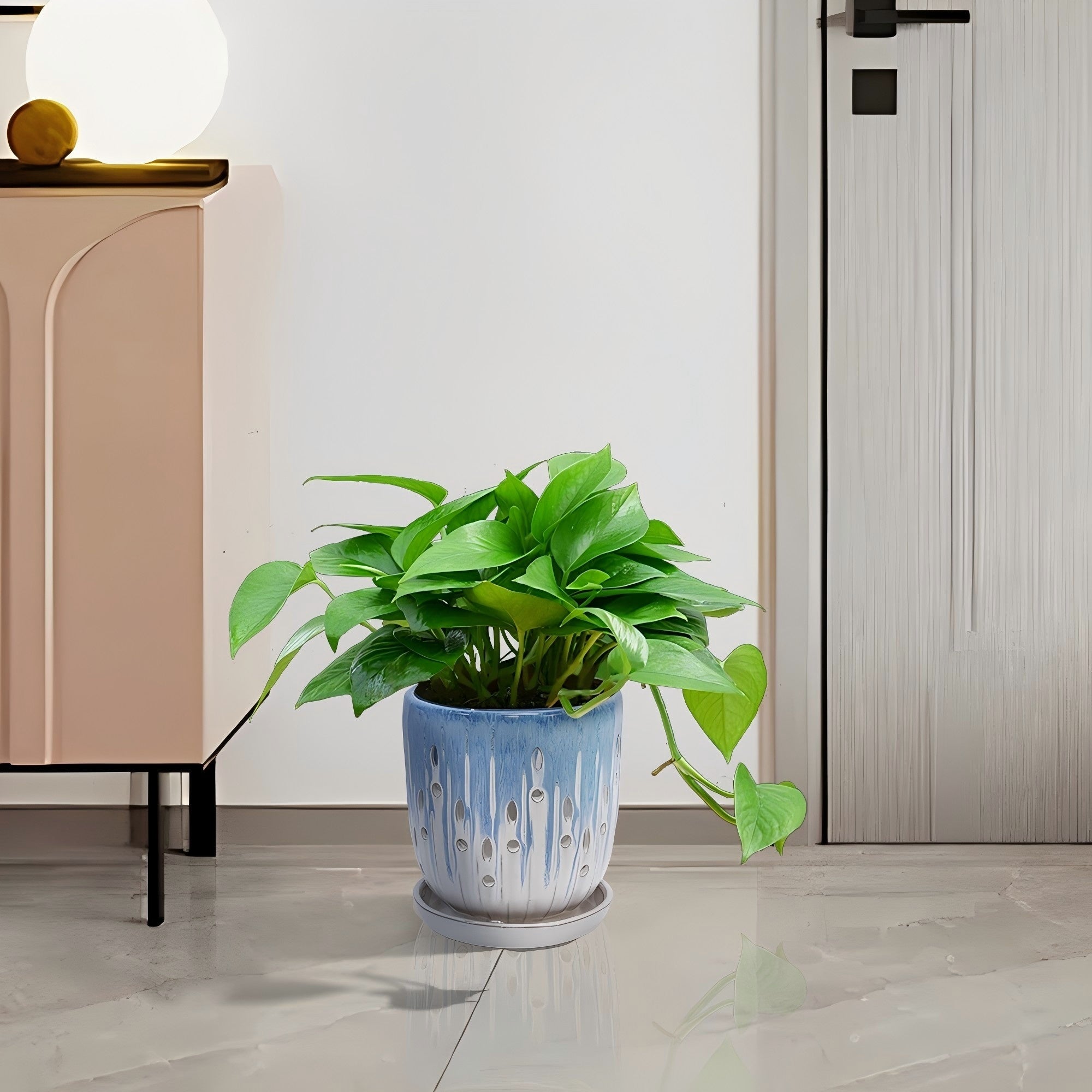 Set of 2 Ceramic Flowerpot with Drainage Hole, 8' Modern Planter for Patio, Garden, Windowsill - White Blue