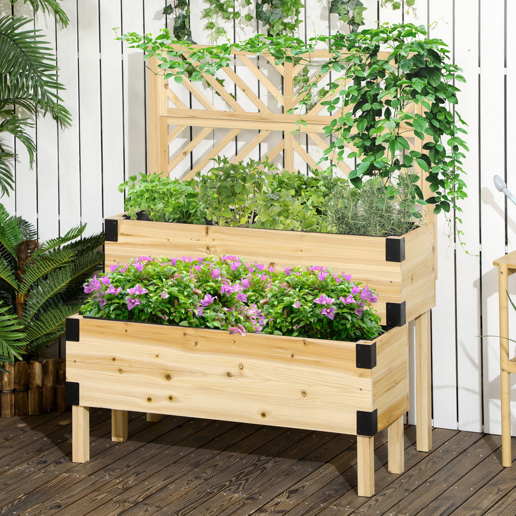 Outsunny Raised Garden Bed with Trellis, 2 Tier Wooden Elevated Planter Box with Legs and Metal Corners for Vegetables, Flowers, Herbs, Natural