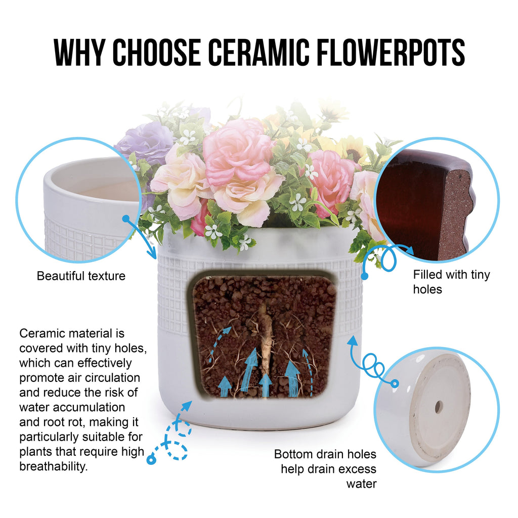 Set of 3 Grid Ceramic Flowerpot, Modern Planter for Patio, Garden, Windowsill - Ancient White