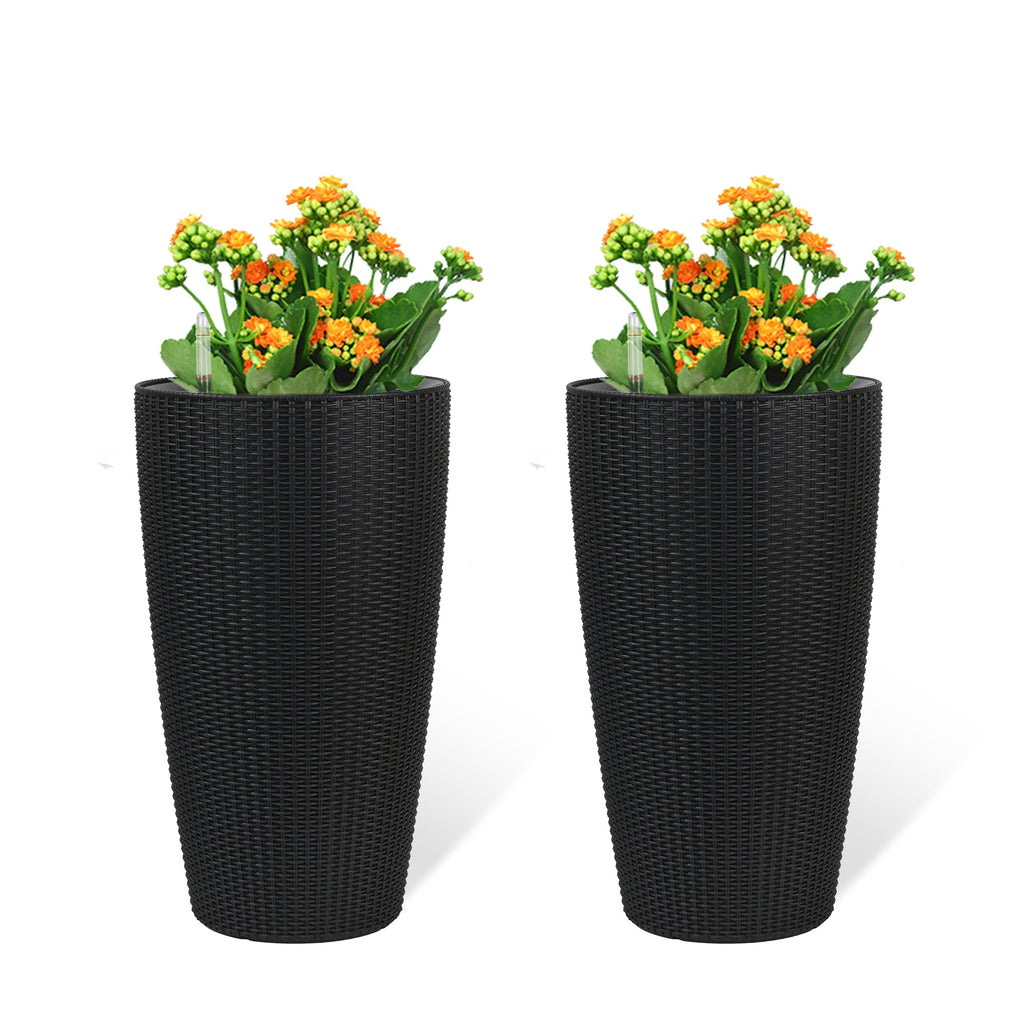 Faux Rattan Tall Planters Set with Water Level Monitor and Auto Watering, Black, Polypropylene, 22 Inch