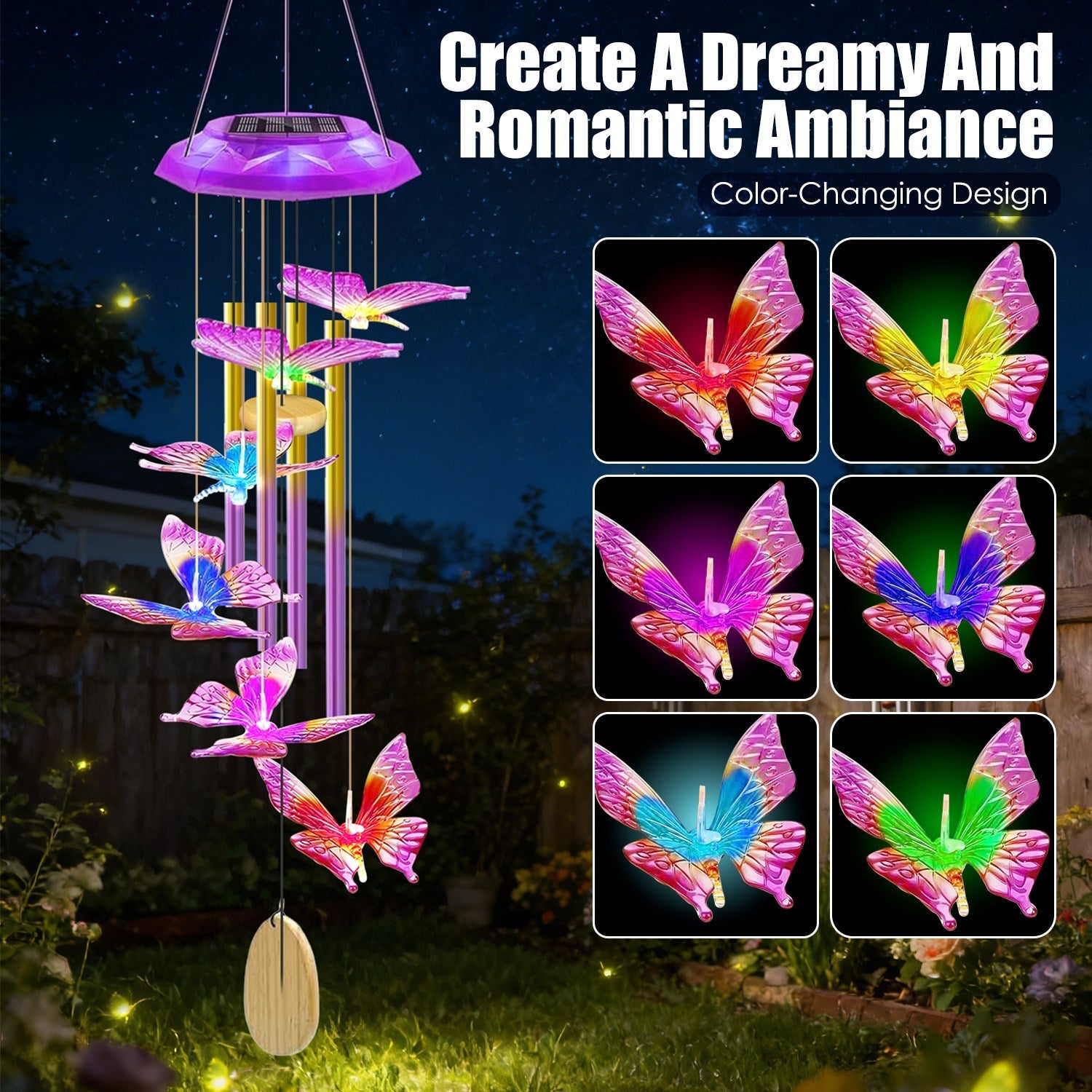 Solar Butterfly Wind Chime with Aluminum Tubes 7 Color Changing Wind Chime for Outside IP44 Waterproof Outdoor Garden Yard Decor