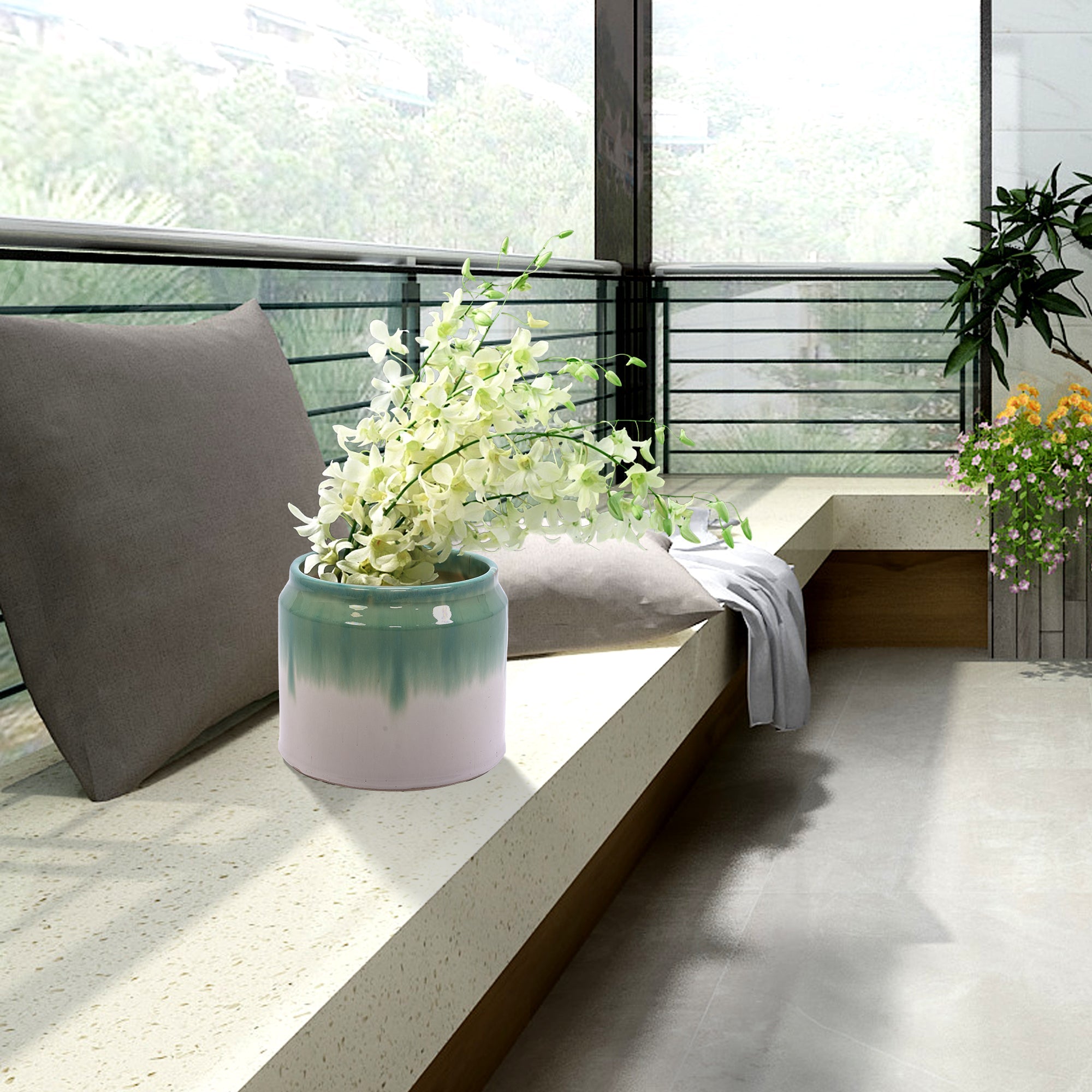 Set of 2 Gradient Ceramic Flowerpot, Modern Planter for Patio, Garden, Windowsill - White Green