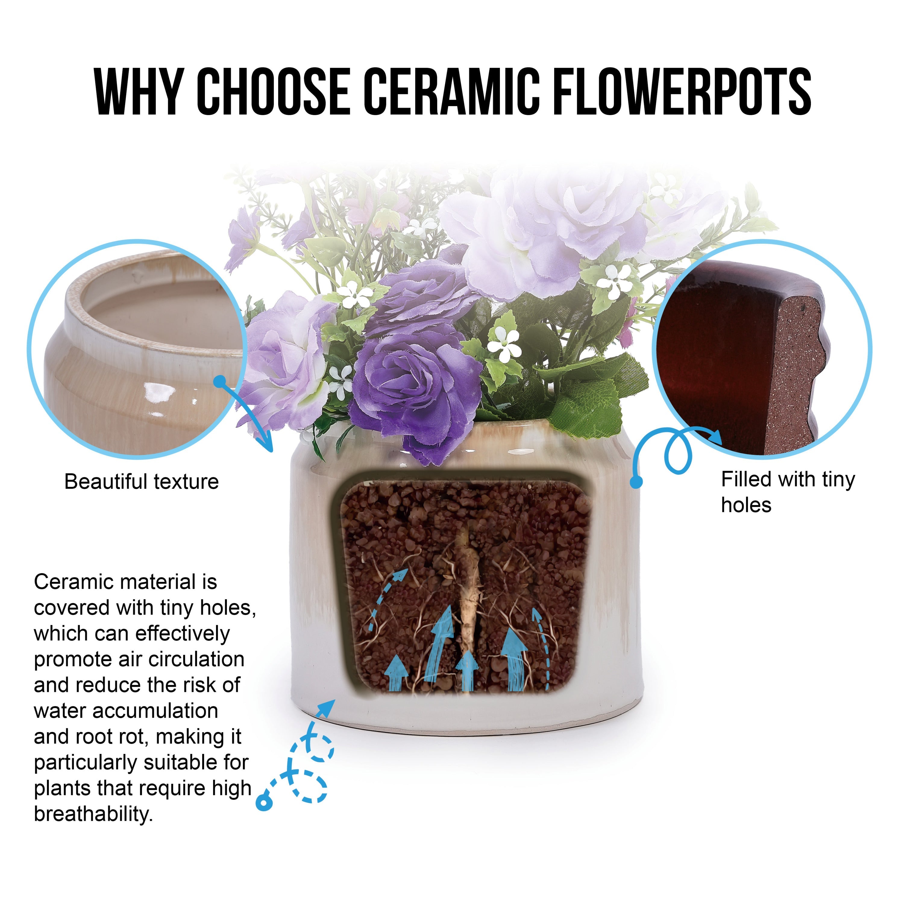 Set of 2 Gradient Ceramic Flowerpot, Modern Planter for Patio, Garden, Windowsill - White Brown