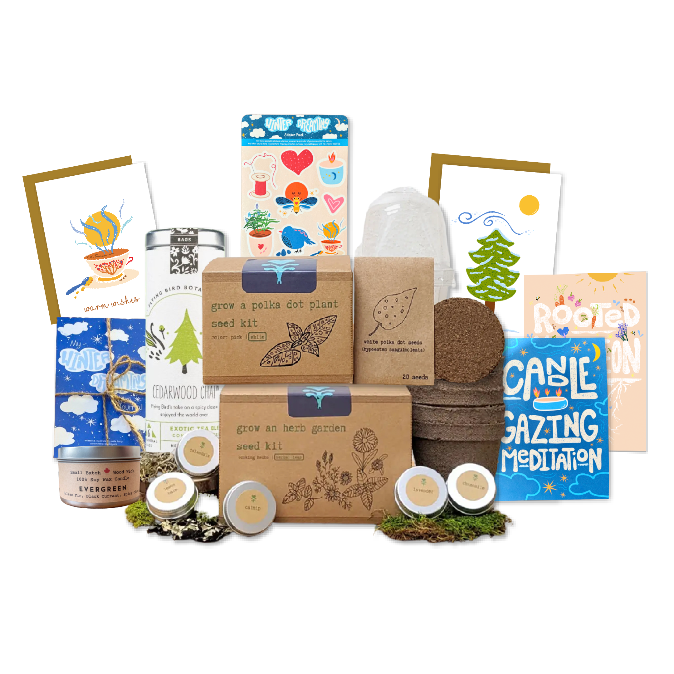"Festive Garden" Gift Box: Chai, Stickers, Evergreen Candle, Cards, Meditations, Journal, Herbal Tea + White Polka-Dot Growing Kits (Winter Dreaming)