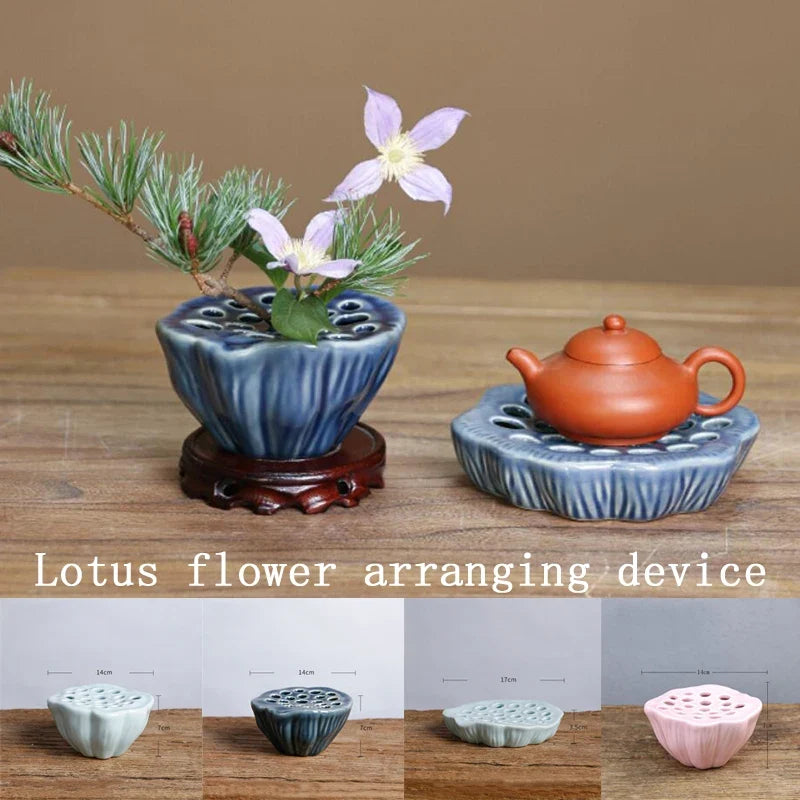 Japanese Ceramic Lotus Ikebana Flower Vase – Zen Floral Vessel with Built-In Frog Holder