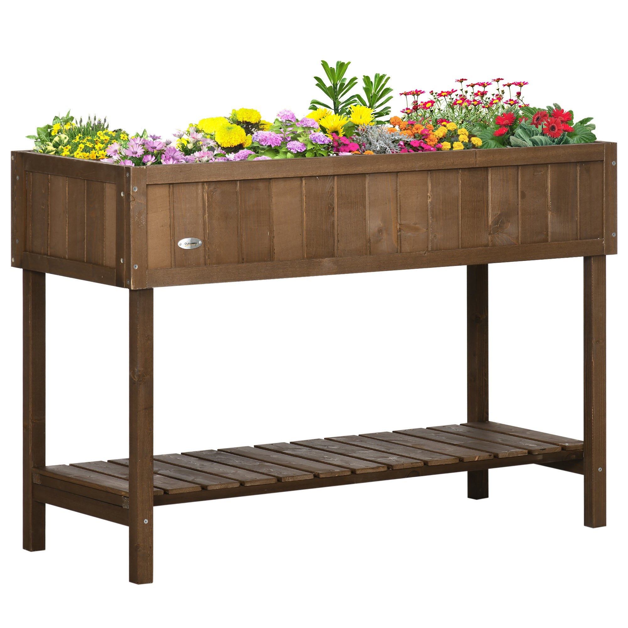 Outsunny 43x18x30in Raised Garden Bed with 8 Pockets and Shelf, Wooden Elevated Planter Box with Legs to Grow Herbs, Vegetables, and Flowers, Dark Brown
