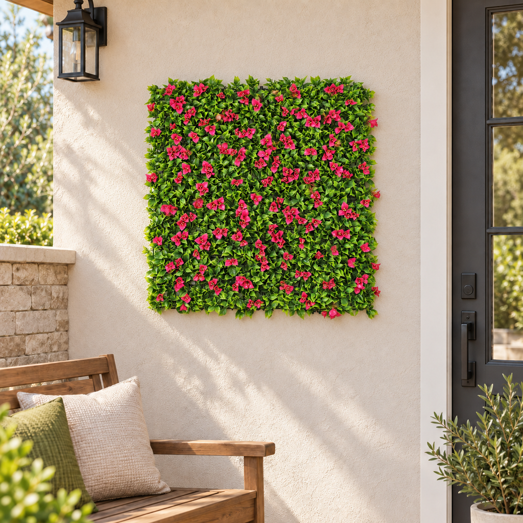 Flowering Pink Artificial Vertical Garden Green Wall Panel 40×40in 11 SQ FT – UV Resistant – Commercial Grade