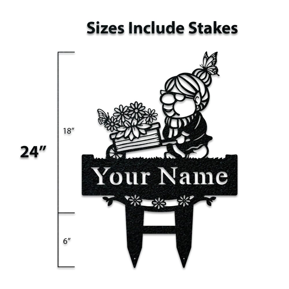 Grandma Garden Gnome Wheelbarrow Monogram - Metal Yard Signs