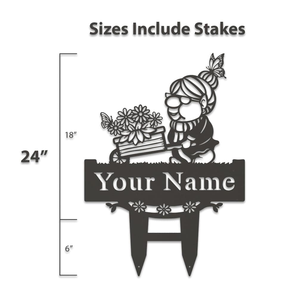 Grandma Garden Gnome Wheelbarrow Monogram - Metal Yard Signs