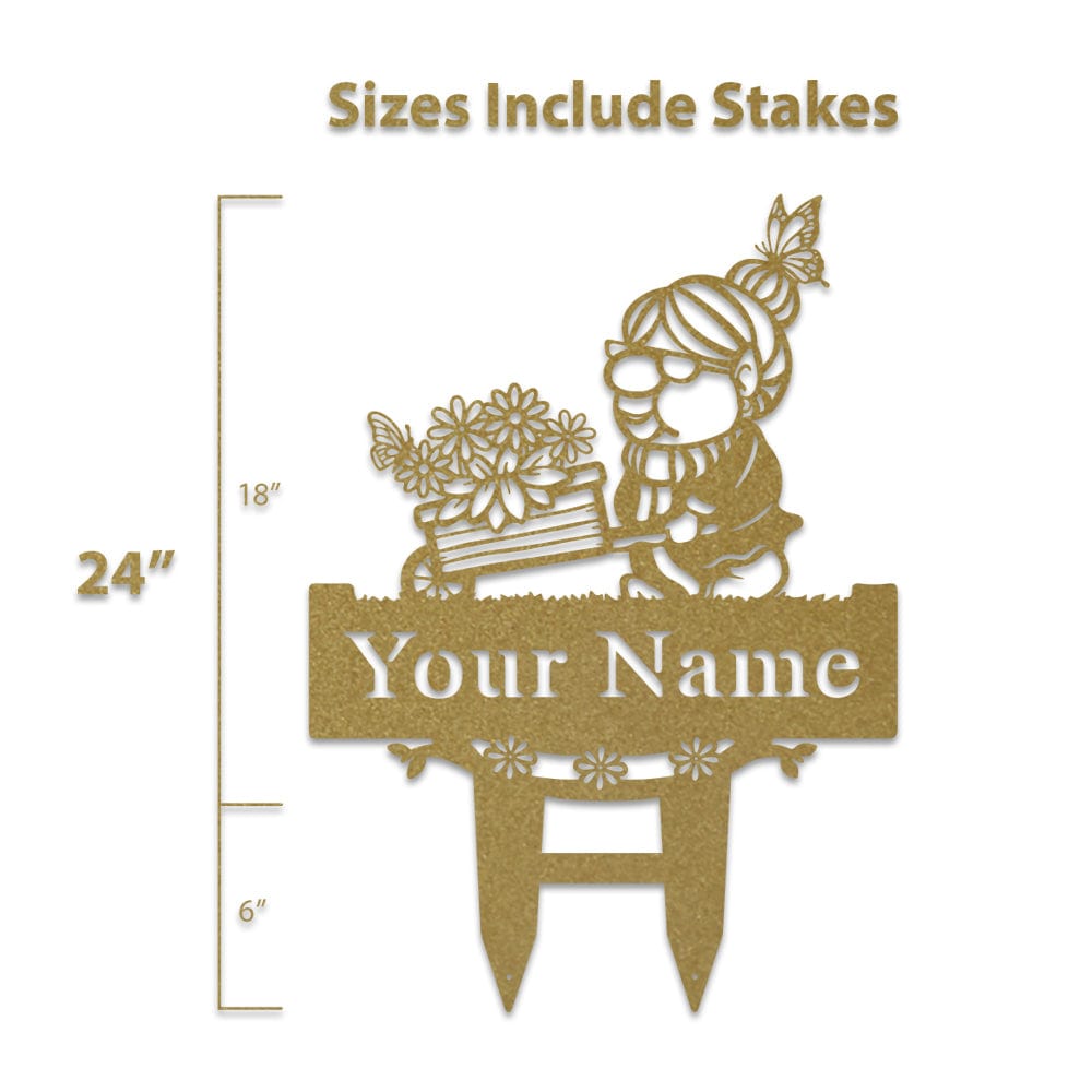 Grandma Garden Gnome Wheelbarrow Monogram - Metal Yard Signs