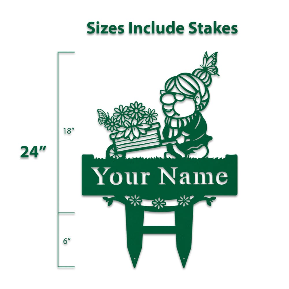 Grandma Garden Gnome Wheelbarrow Monogram - Metal Yard Signs