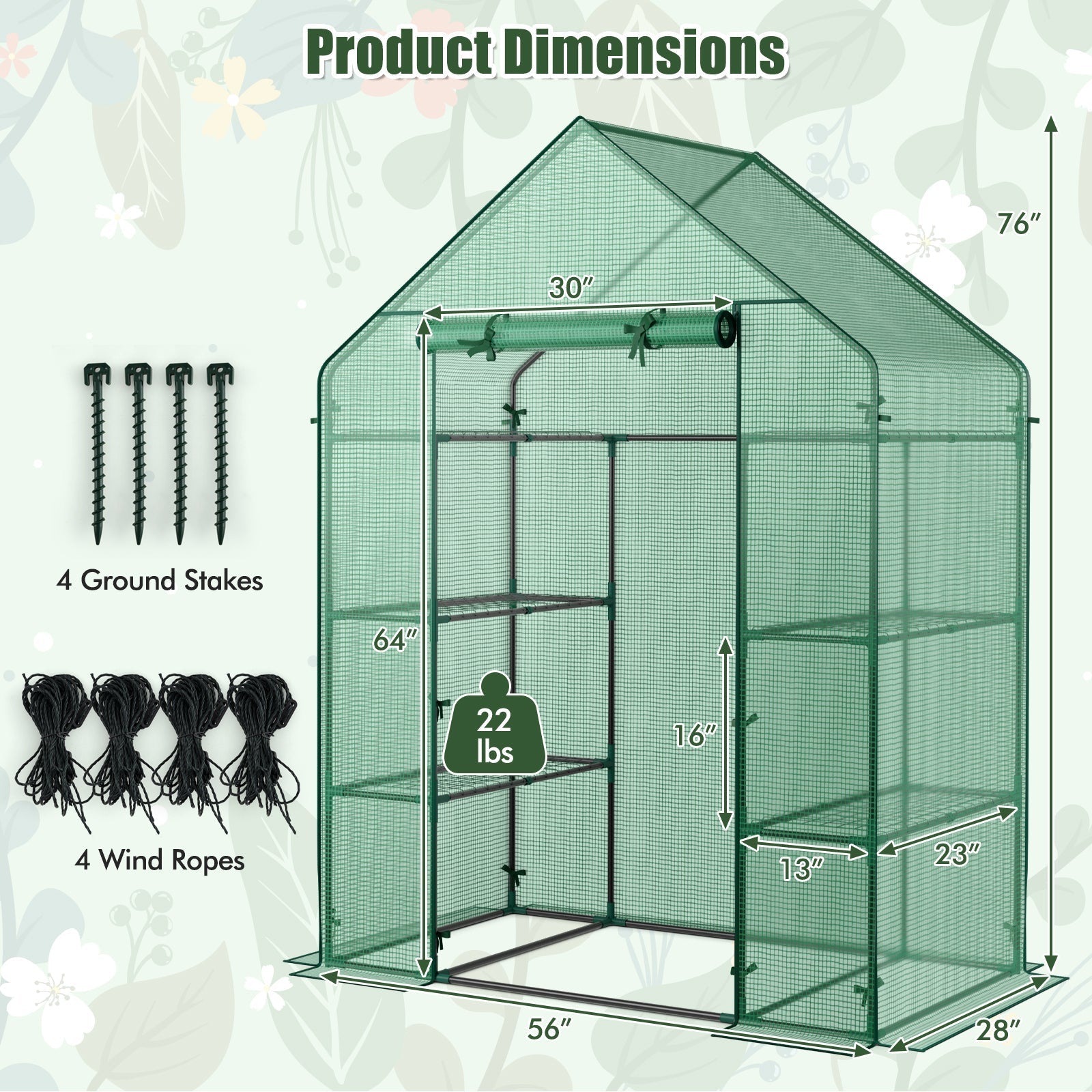 Portable 4 Tier Walk-in Plant Greenhouse with 8 Shelves