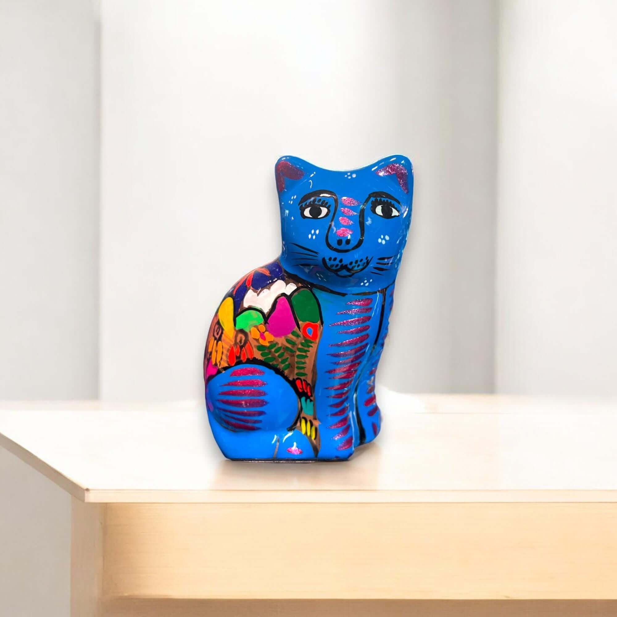 Hand-Painted Guerrero Cat | Colorful Mexican Gato Statue (Medium Size)
