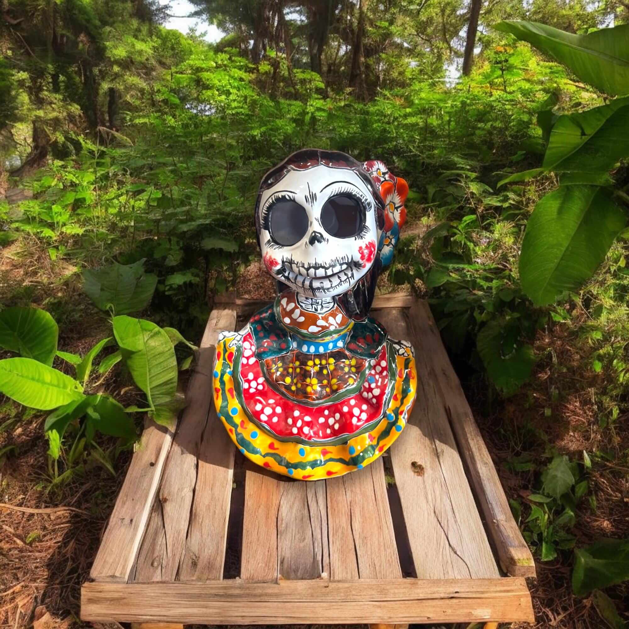 Vibrant Talavera Skeleton Woman Statue | Handcrafted Day of the Dead Decor