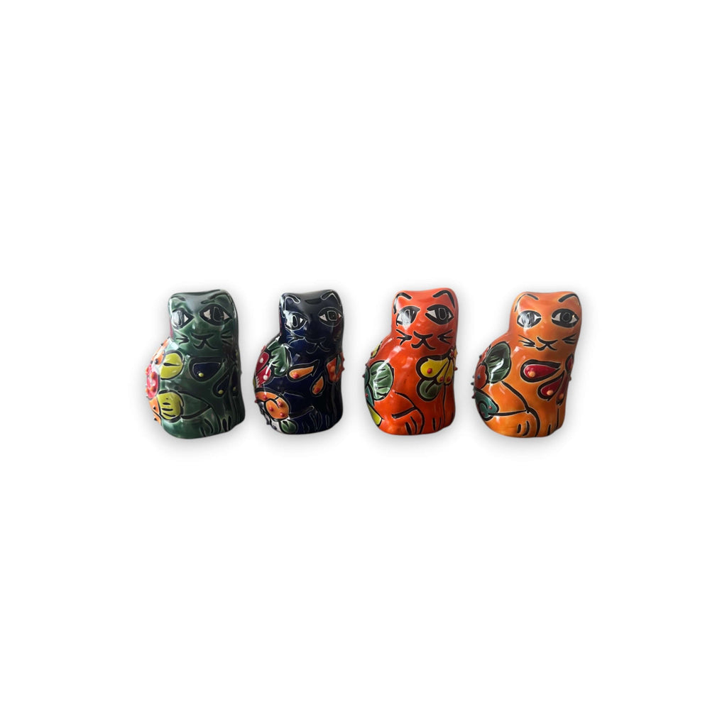 Set of 2 Talavera Cat Statues | Small Handmade Mexican Figurines