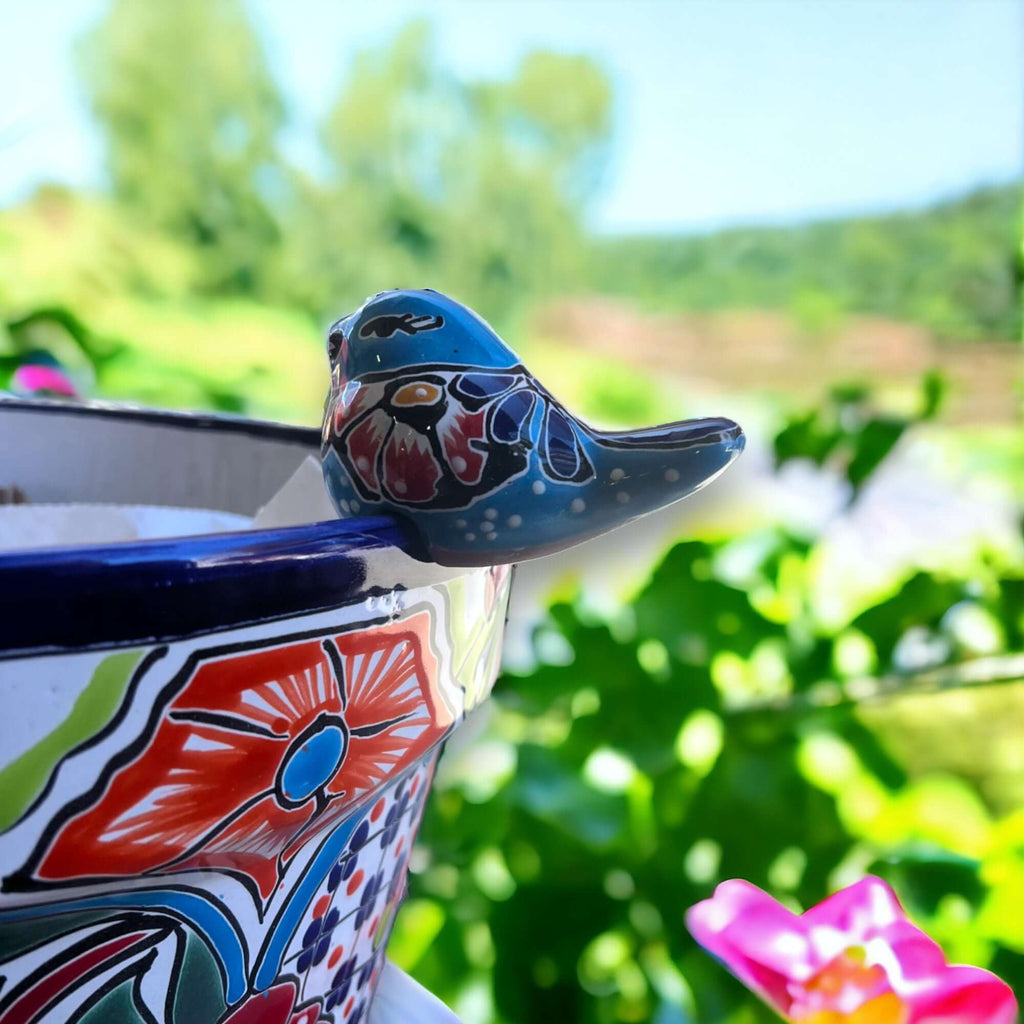 Talavera Pot Perching Bird | Hand-Painted Mexican Accent