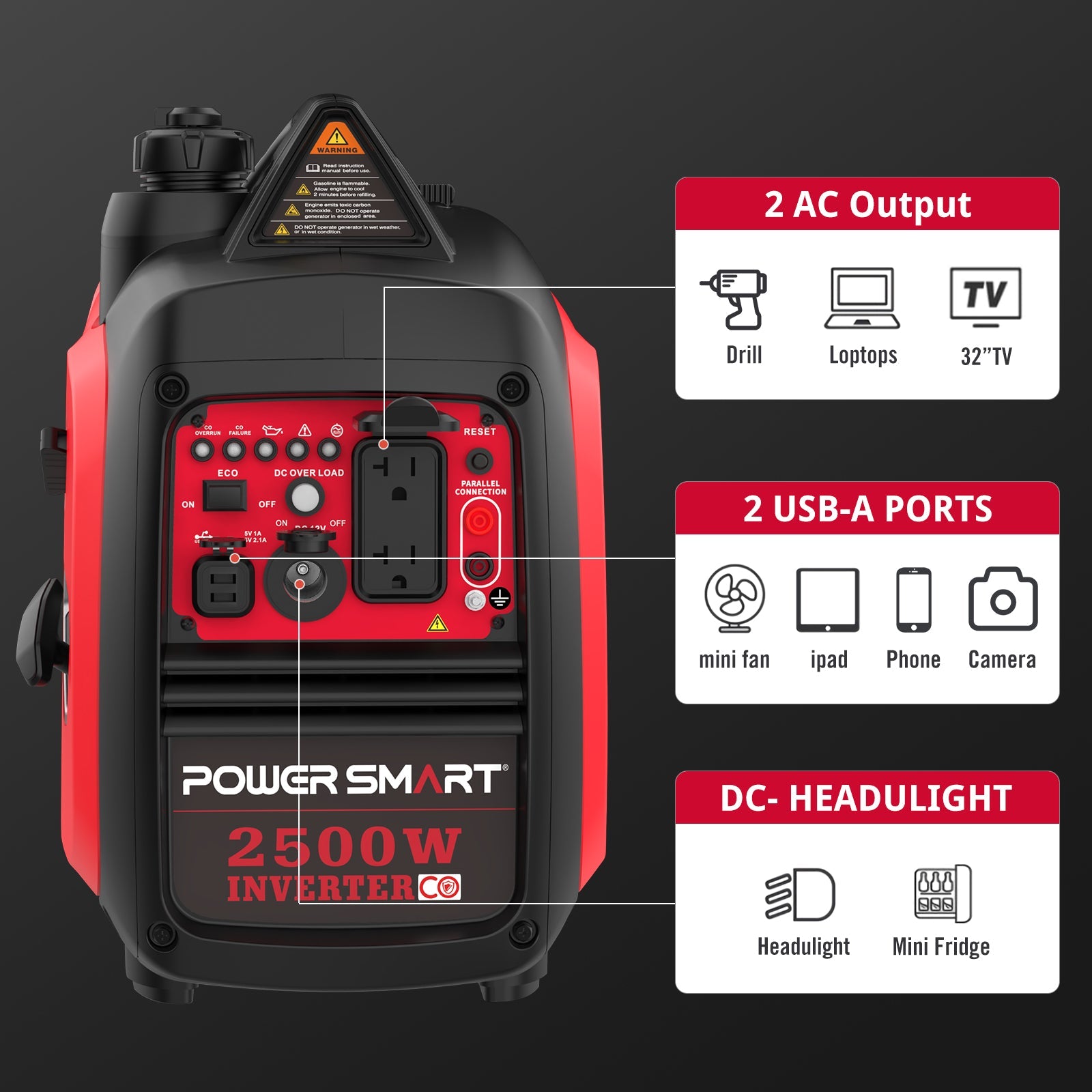 2500W Inverter Gas Generator w/ CO Alert HB5020C