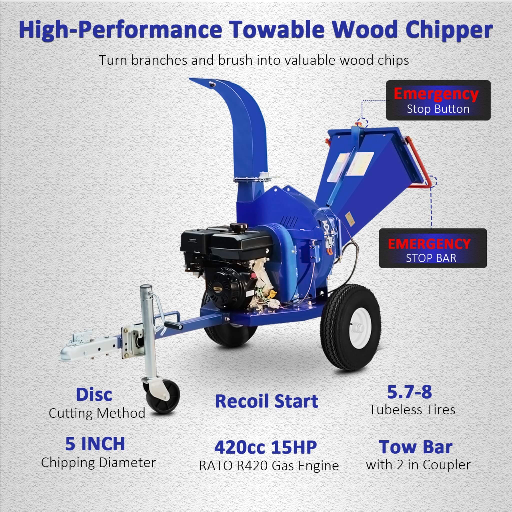 Heavy-Duty 5-Inch 15HP 420CC Gas Towable Wood Chipper Shredder With Recoil Start (SAK51947)