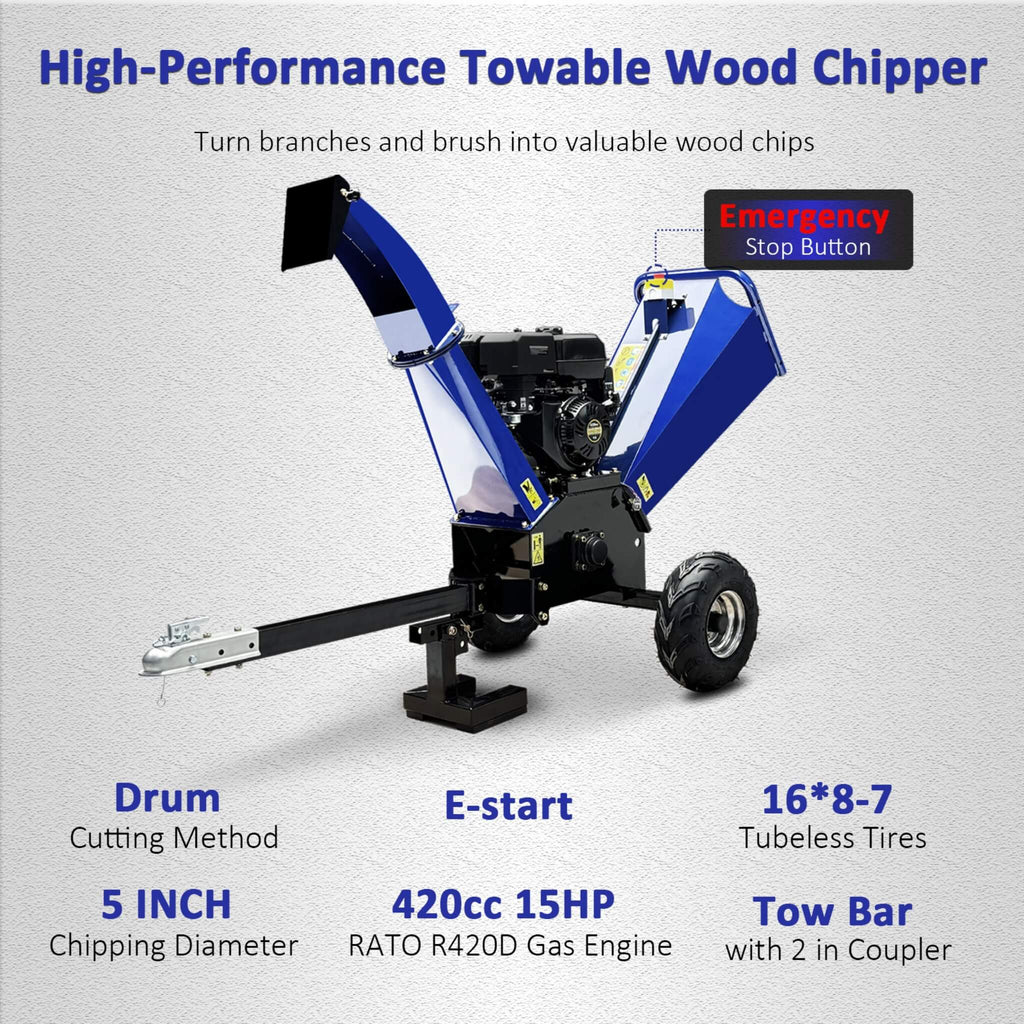 Heavy-Duty 5-Inch 15HP 420CC Gas Wood Chipper Shredder With Electric Start And Tow Hitch (SAK48652)