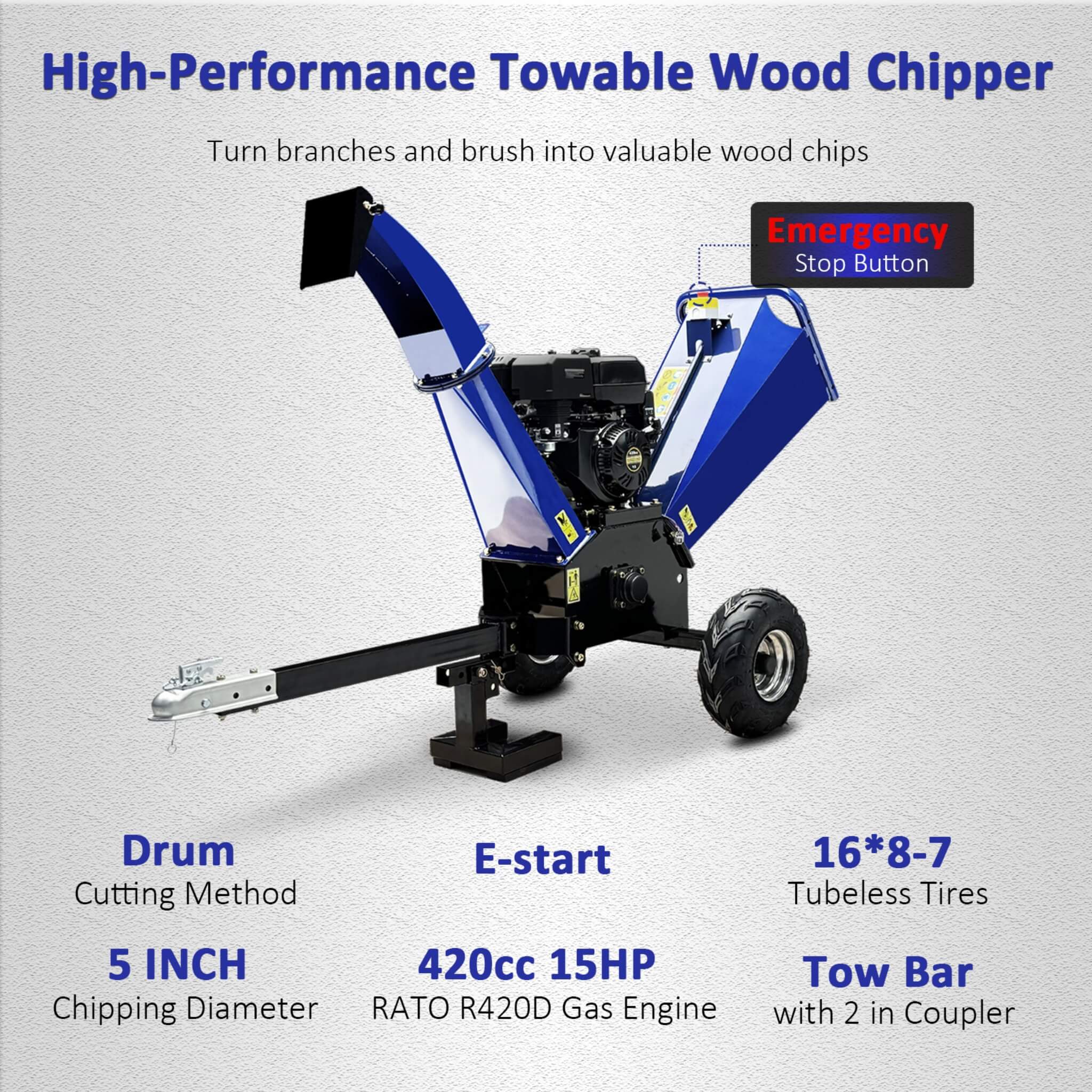 Heavy-Duty 5-Inch 15HP 420CC Gas Wood Chipper Shredder With Electric Start And Tow Hitch (SAK48652)