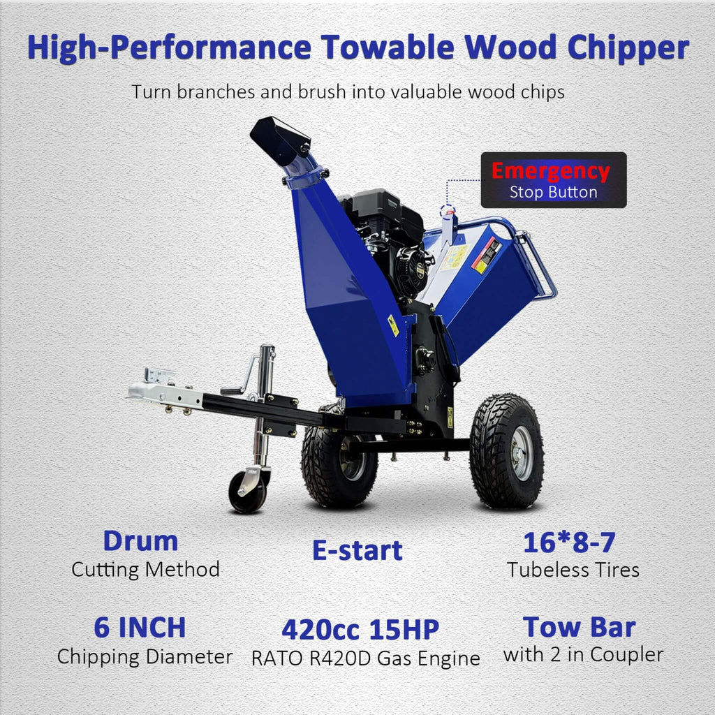 Heavy-Duty 6-Inch 15HP 420CC Towable Gas Wood Chipper Shredder With Electric Start (SAK50896)