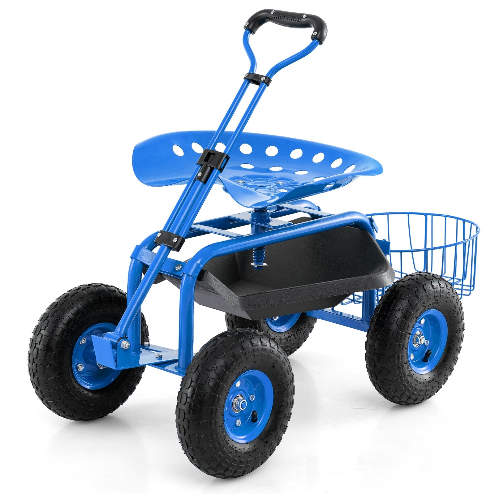 Heavy Duty Garden Cart with Tool Tray and 360 Swivel Seat-Blue