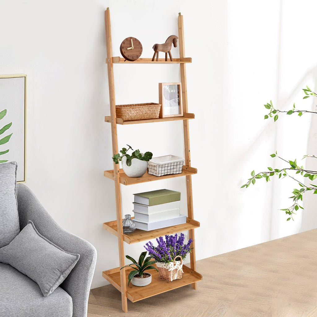 5-Tier Ladder Shelf Bamboo Bookshelf Wall-Leaning Storage Display Plant Stand-Natural