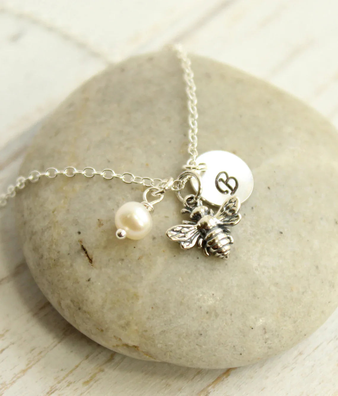 Bee Charm Necklace with Initial and Pearl or Birthstone – Sterling Silver