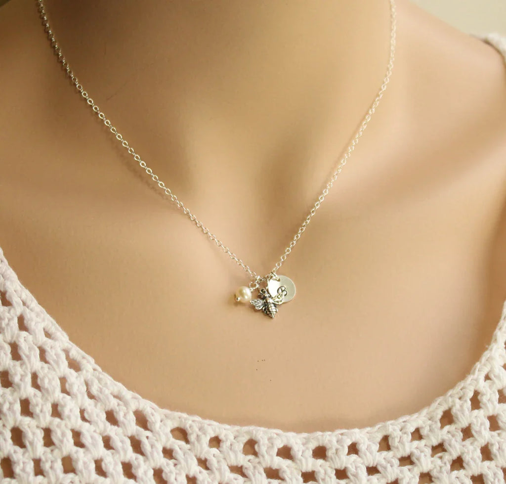 Bee Charm Necklace with Initial and Pearl or Birthstone – Sterling Silver