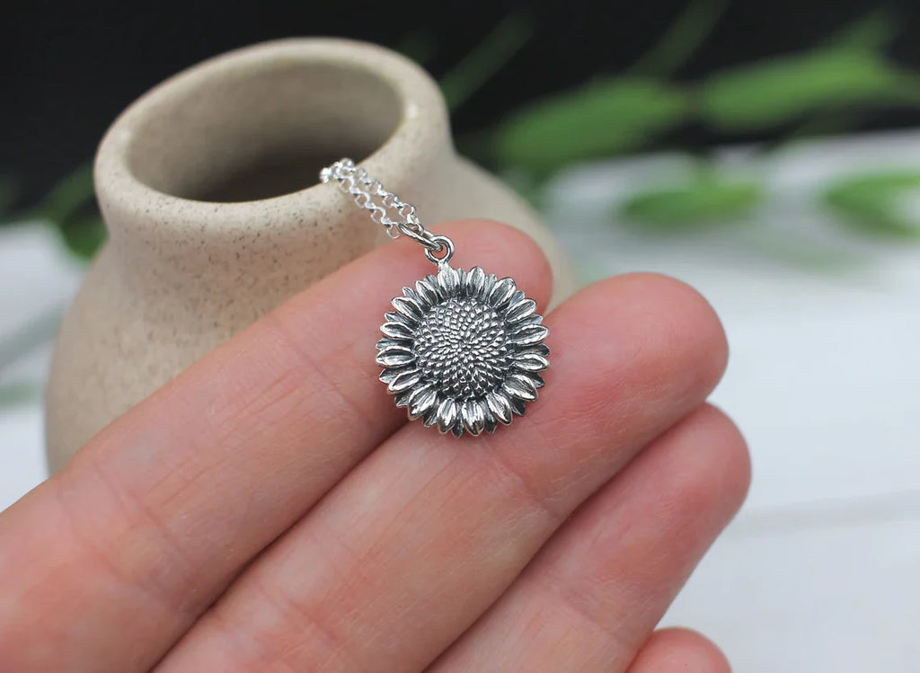 Sterling Silver Sunflower Necklace – 18" Chain, Handmade Jewelry