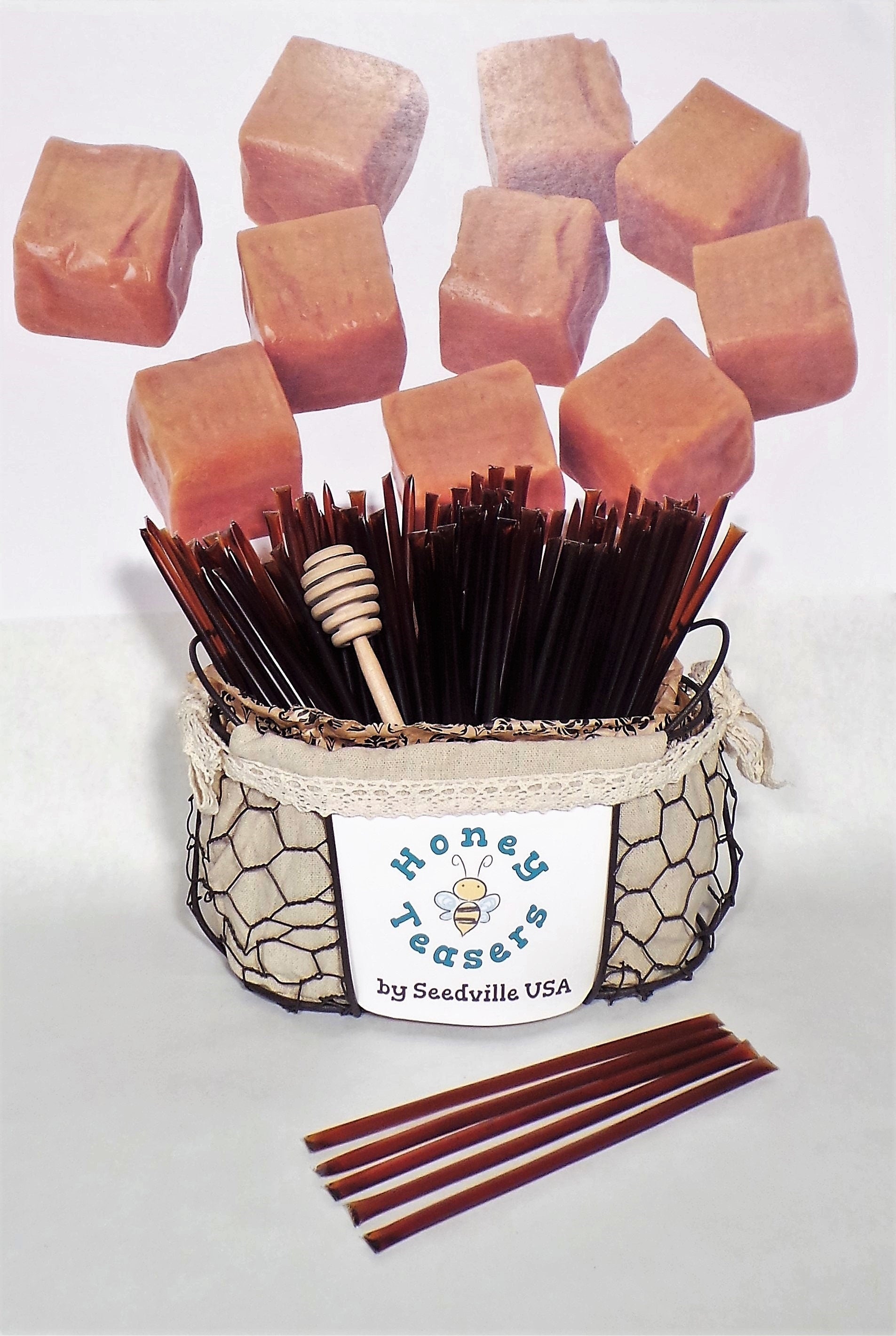 5 Pack CARAMEL HONEY TEASERS Natural Honey Snack Sticks Honeystix Straws