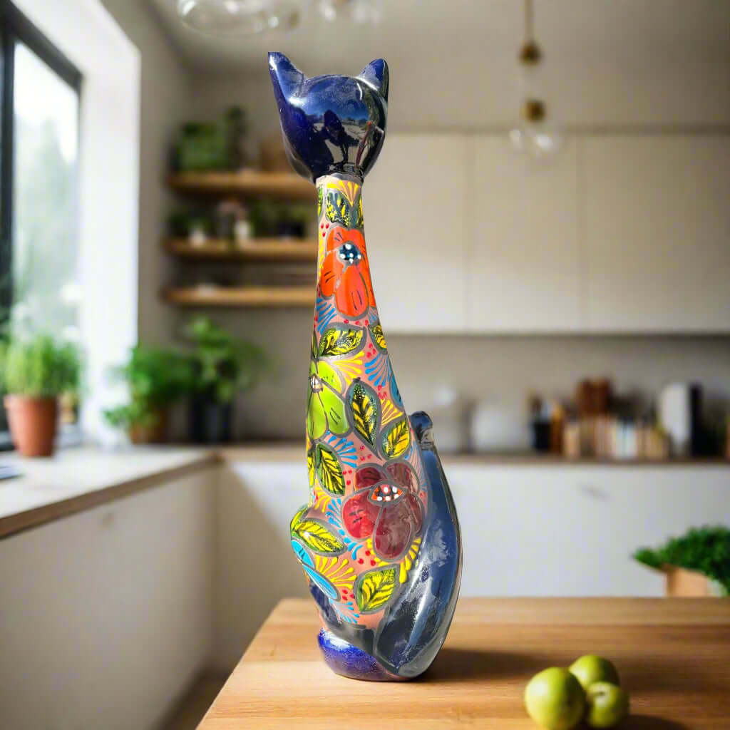 Mexican Handmade Talavera Cat Statue | Cultural Artwork (19.5" Tall)