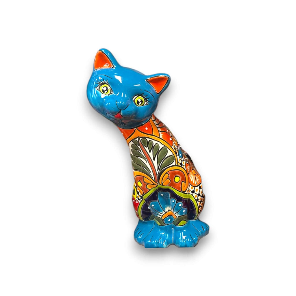 Talavera Curious Cat Statue | Handcrafted Mexican Folk Art Cat Figurine
