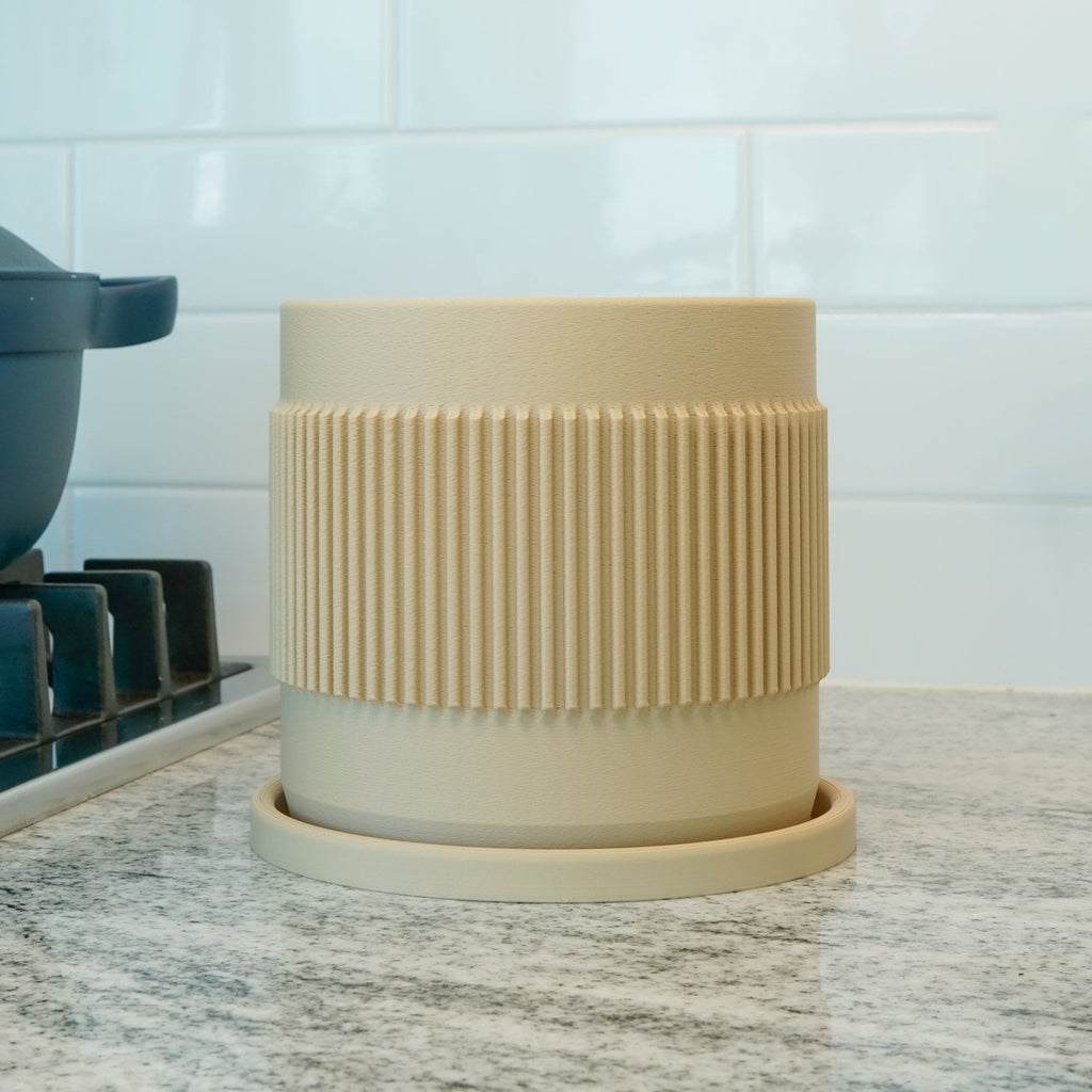 Half Mid-Century Ribbed Planter with Drainage and Saucer