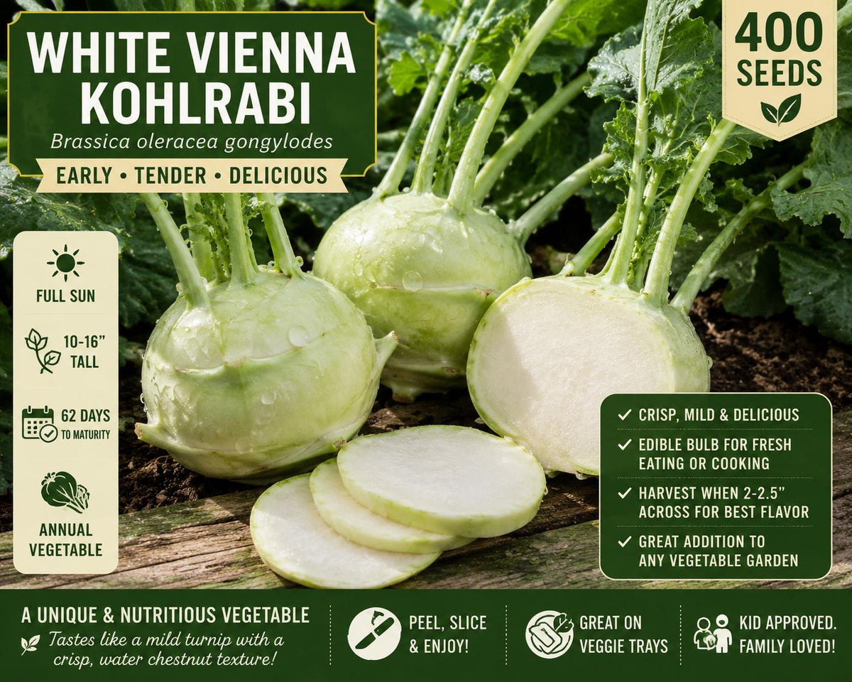 White Vienna Kohlrabi Seeds – Brassica oleracea gongylodes, Heirloom Vegetable, Edible Pale Green Bulb, 400 Seeds