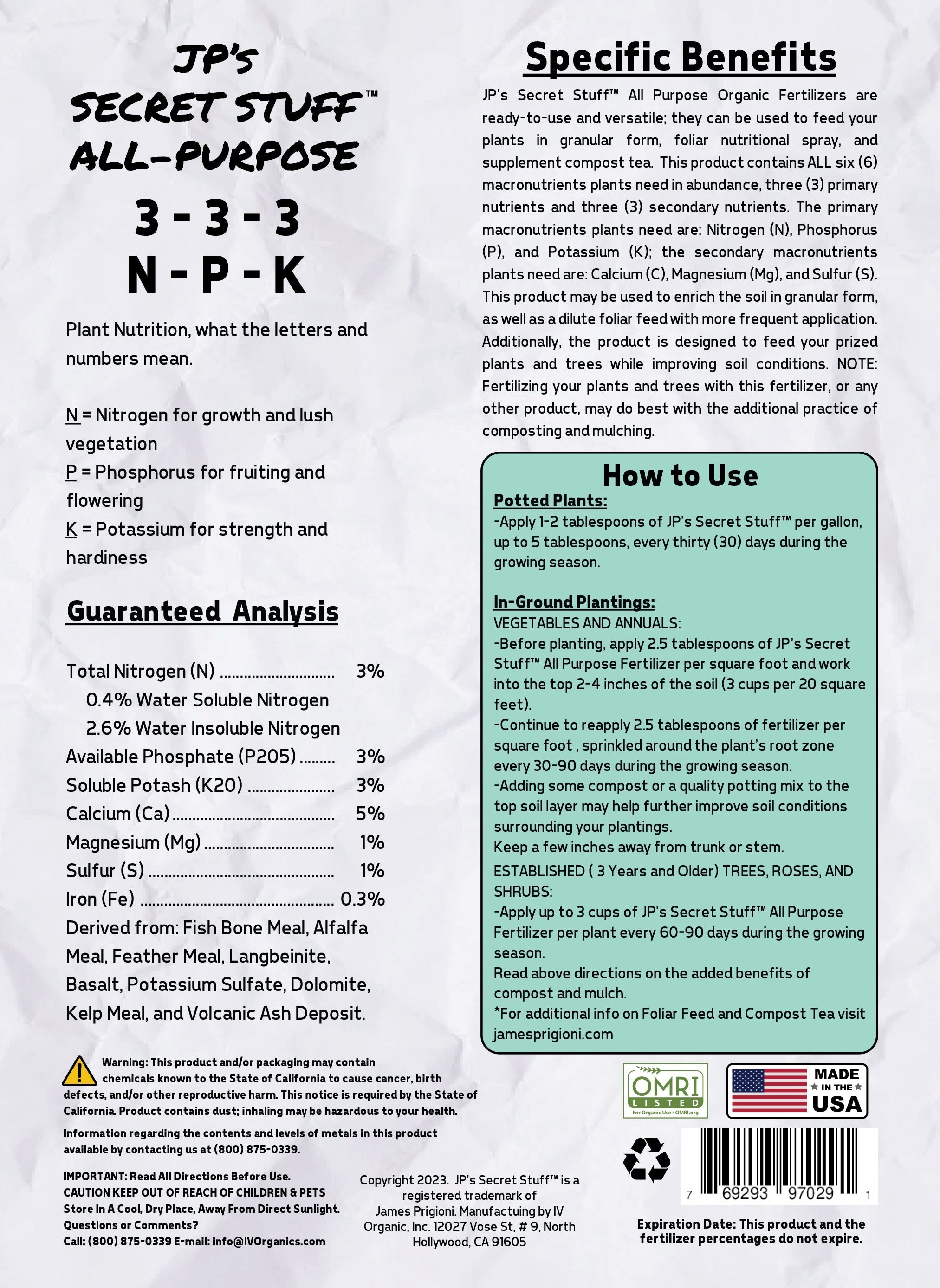 JP’s Secret Stuff™ All-Purpose Organic Fertilizer 3-3-3 (4 lb) - OMRI (US Only)