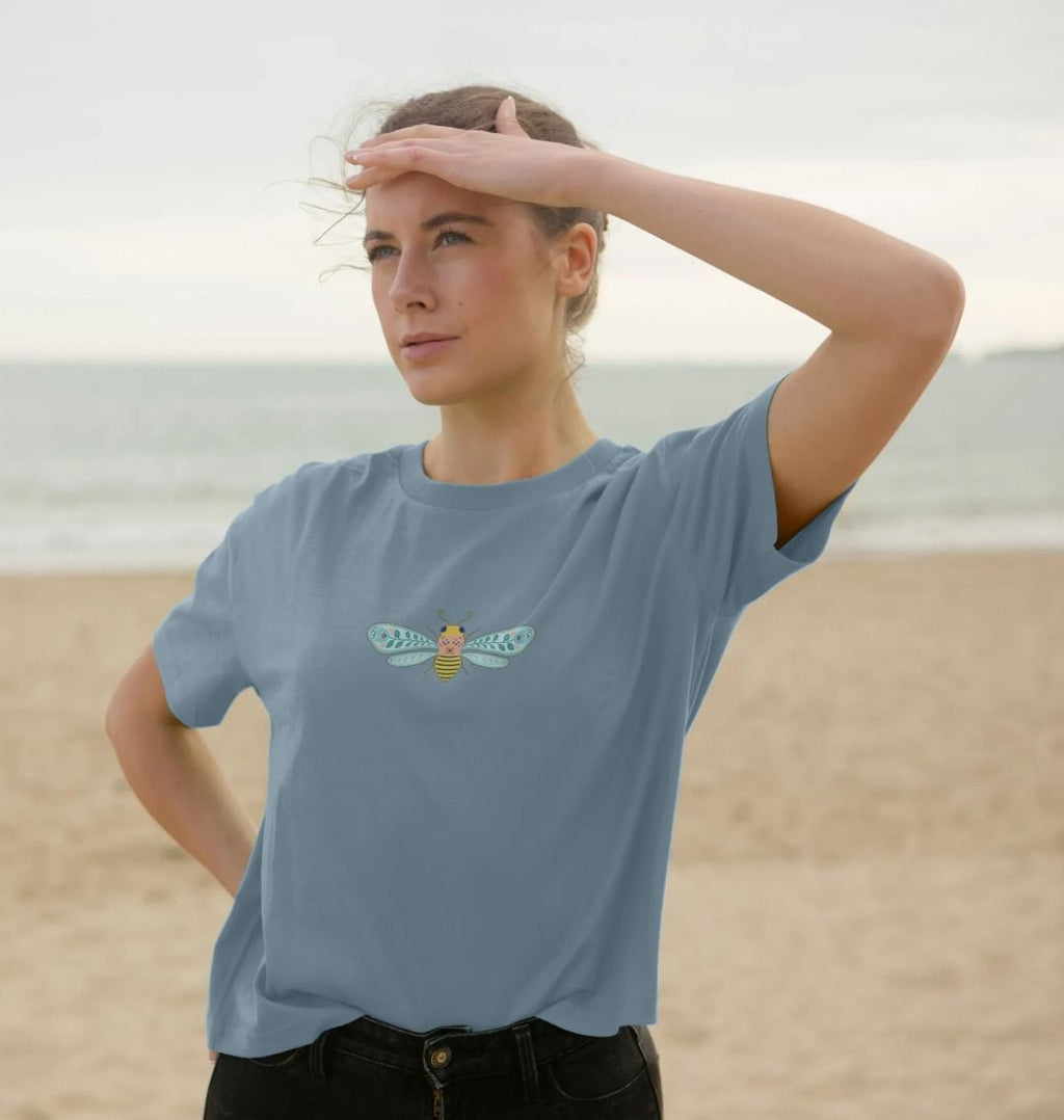 Boxy Bee T-Shirt (Adult - Gray, White & Dusty Blue)